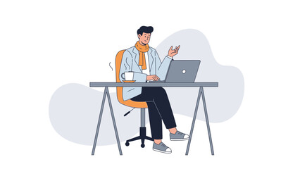 Modern young man working on laptop at desk with casual attire and coffee in a bright workspace