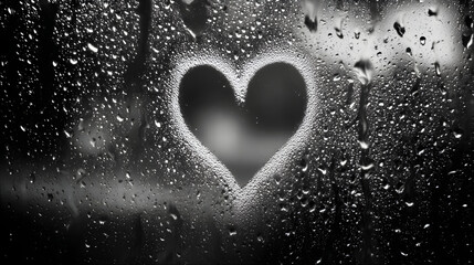 A heart shape, lovingly drawn on a wet glass window, reveals condensed water drops reflecting rain. This monochrome scene evokes deep emotion and offers a poignant, abstract view.