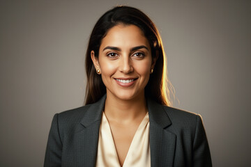 Professional female executive headshot, warm grey background.