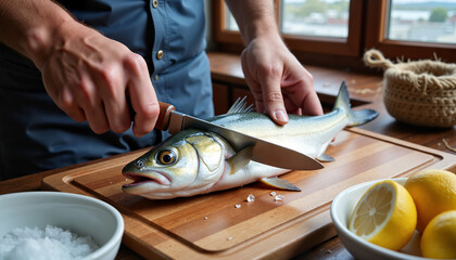 Man gutting fish with knife on wooden cutting board in kitchen