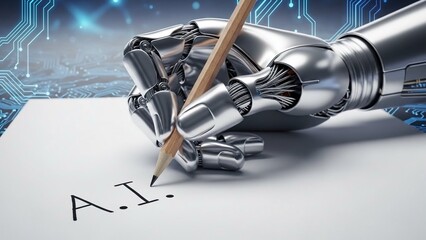 Robotic hand holding pencil writing artificial intelligence on paper with circuit board background with technology and innovation and machine learning