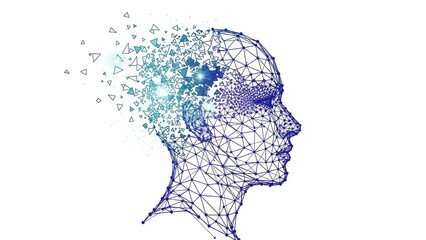 Digital human head with glowing blue and green geometric shapes emerging from the brain, representing artificial intelligence and neural networks in a futuristic