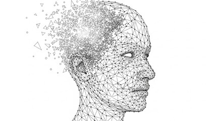 Wireframe human head with geometric shapes exploding from brain, representing artificial intelligence and data visualization concepts in technology and innovation