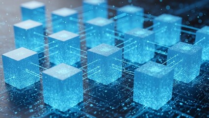 Glowing blue cubes with digital connections on a futuristic background with circuit board and data flow, representing technology and innovation concepts