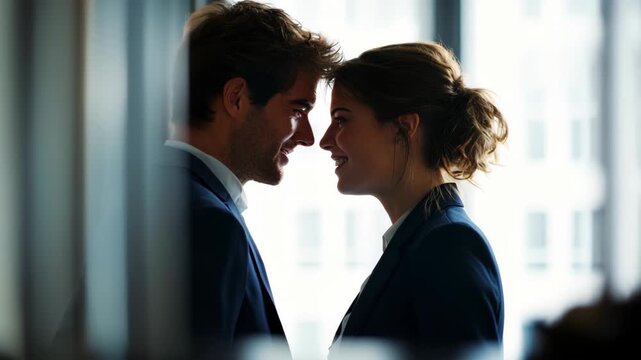 Intimate moment when a couple hugs each other. A man and a woman smile with their eyes closed, demonstrating love and intimacy in an office environment