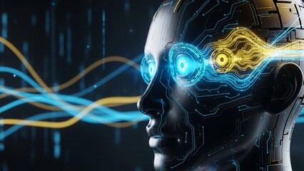 Futuristic robotic head with glowing blue and yellow circuit lines, artificial intelligence concept with digital background and technological innovation