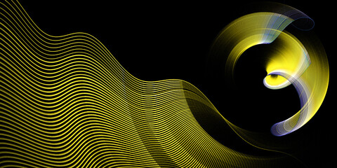 Abstract fractal background with striped yellow wavy and curved rotating planes on a black background. 3D rendering. 3D illustration.