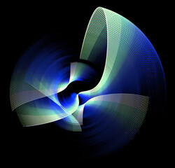 Abstract striped blue, with turquoise accents, propeller spinning on a black background. Icon, logo, symbol, sign. 3D rendering. 3D illustration.