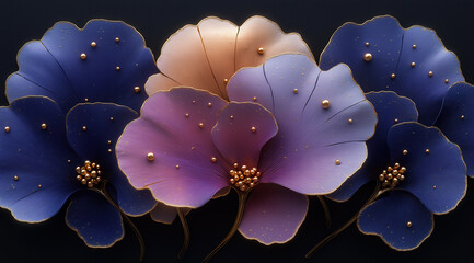 3D render of three ginkgo leaves, each with gold beads at the petal tips and a metallic sheen, creating an elegant composition on a black background. Generative AI