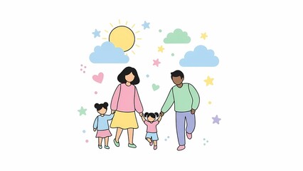 A happy family of four walking together under a sunny sky with clouds and stars