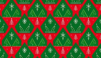Festive christmas pattern with geometric trees and snowflakes on red background