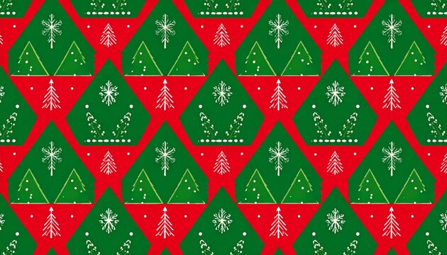 Festive christmas pattern with geometric trees and snowflakes on red background - Powered by Adobe
