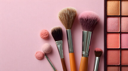 Pink makeup brushes with blush and palette
