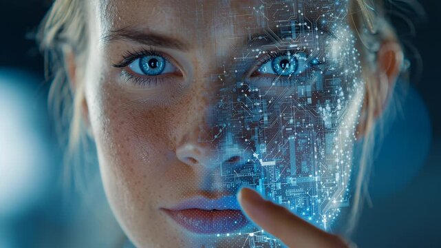 A woman's face with a digital overlay, representing technology's integration with humanity
