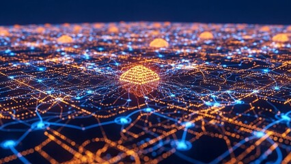 Vibrant network visualization with glowing orange and blue nodes and connections on a dark background representing technology and data exchange