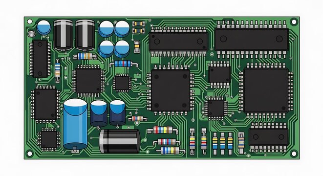 Electronic circuit board displays an array of integrated circuits and passive components
