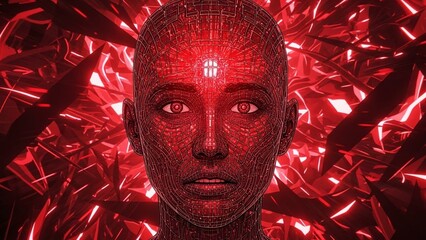 Close up of futuristic humanoid robot face with red glowing background and metallic texture, representing artificial intelligence and technology
