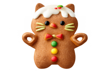 Gingerbread cat cookie with festive icing and candy decorations, a sweet holiday dessert cutout on transparent background