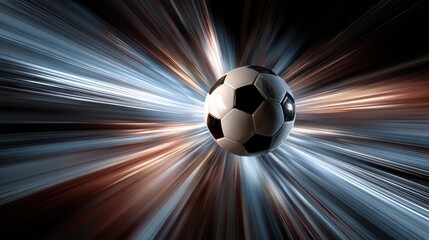Black and white soccer ball surrounded by a burst of motion lines with light