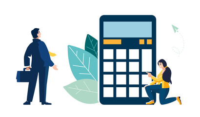 Business banner. Businessman with briefcase makes calculation and analysis of financial income, girl marketer near calculator. Flat blue presentation design, startup, little people Vector illustration
