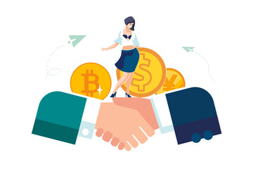 Handshake of business people. Money, business woman investor with gold dollar coin, concept of business, partnership, parties agreement. Signing documents. Successful contract. Vector illustration