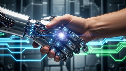 Human hand shaking robotic hand with glowing circuit board connection in futuristic technology background with artificial intelligence and human machine interface