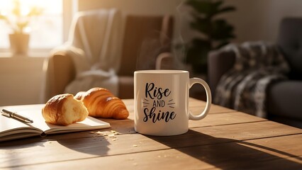 Motivational coffee mug with croissants on wooden table