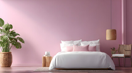 Pink bedroom with white bed and woven accents