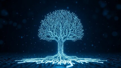 Glowing blue digital tree with circuit board pattern and roots on dark background, futuristic technology concept, abstract illustration with artificial intelligence