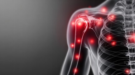 3D translucent skeleton with widespread shoulder arm chest pain points for chronic pain education or physical therapy