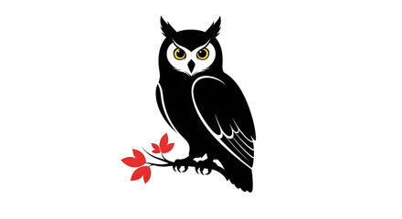 Obraz premium Illustration of a black owl perched on a branch with red leaves