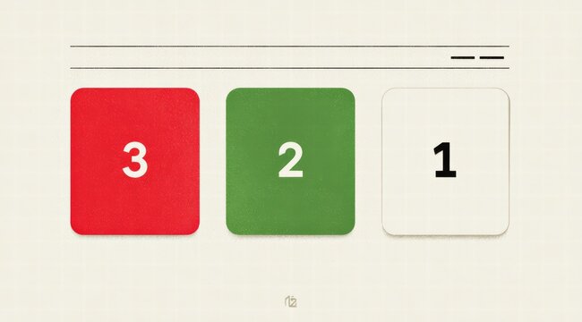 Layered red, white, green number blocks &ldquo;321&rdquo; for interactive interface, instructional material, or visual hierarchy indicator