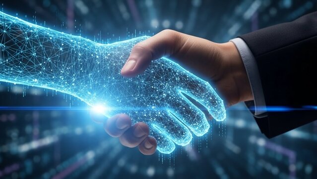 Business handshake between human and digital avatar representing partnership and technology integration in modern business deal with innovation - Powered by Adobe