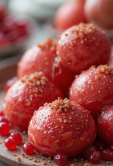 Healthy organic strawberries and ripe red raspberries served in a white bowl and on a plate create a fresh juicy dessert