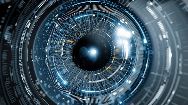A close-up view of a high-tech eye, highlighting digital innovation and futuristic vision