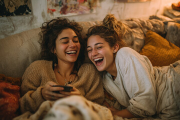 Candid Photo of Diverse Female Friends Laughing and Collapsing on Couch at Home