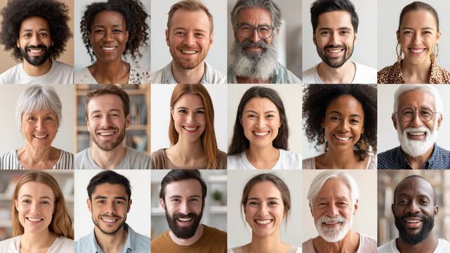 A collage of diverse faces, expressing joy and unity. Featuring different ages, ethnicities, and genders, this image captures the beauty of human diversity. The people are smiling.