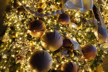 Modern Christmas tree decorations with soft fabric balls and white lights
