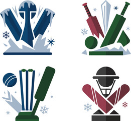 Cricket icons set with snowy mountains and stars Vector illustration