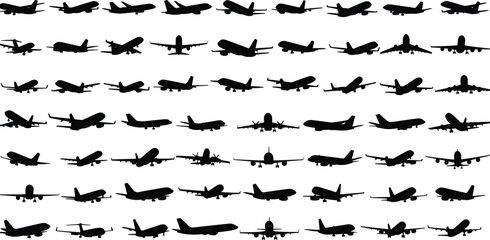 Set of black airplane silhouettes, commercial jet aircraft icons, isolated aviation vector illustrations for travel industry branding, flight tracking, and airport transportation graphics. © Moklesur