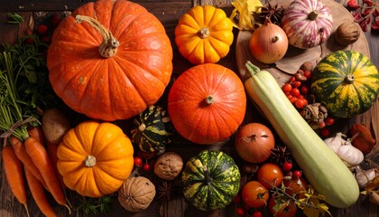 Vibrant autumn harvest display featuring pumpkins vegetables and fruits
