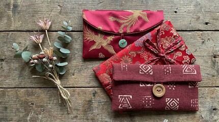 Collection of three luxury handcrafted red textile pouches featuring Asian silk embroidery, floral brocade, and rustic tribal block patterns, styled on weathered wood.
