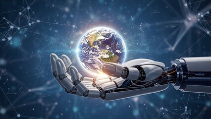 Robotic hand holding a glowing earth surrounded by a network of connections in a futuristic digital landscape with artificial intelligence and futuristic technology