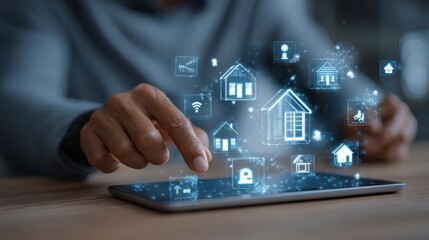 Close-up of a person's hands interacting with a tablet showcasing smart home icons and a digitally projected interface