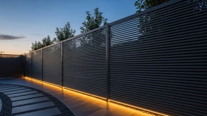 Fototapeta premium Modern dark louvered fence with warm LED strip lighting at base next to a curved stone pathway during twilight for outdoor design element.