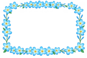 Blue plumeria flowers creating a decorative oval border frame, celebrating spring nature with transparent background