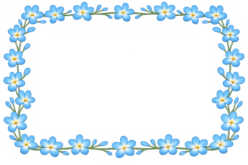 Forget-me-not flower oval border with blue petals and green stems, creating a gentle botanical frame on transparent background