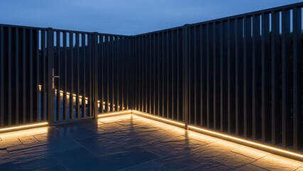 Modern black fence with decorative LED strip lighting on a patio floor at dusk. Contemporary garden design and outdoor illumination concept.
