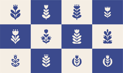 A grid of twelve stylized white floral and plant motifs on an alternating cream and blue checkerboard background, featuring folk art inspired designs.