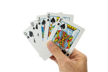 A close-up shot of a person's hand holding a straight flush poker hand consisting of 9, 10, Jack, Queen, and King of Spades. The cards are fanned out clearly against a solid white background.